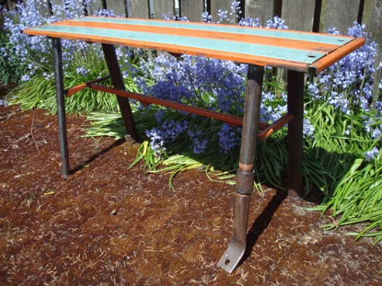 salvaged steel bench - vintage metal awnings, plumbing fittings and pipes for legs - 40" L/ 20" W/ 19" H