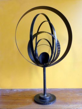 Planetary- 31" W orb, total height 4' H. Reclaimed see, rotor, pipe laser cut disc, strap steel.
