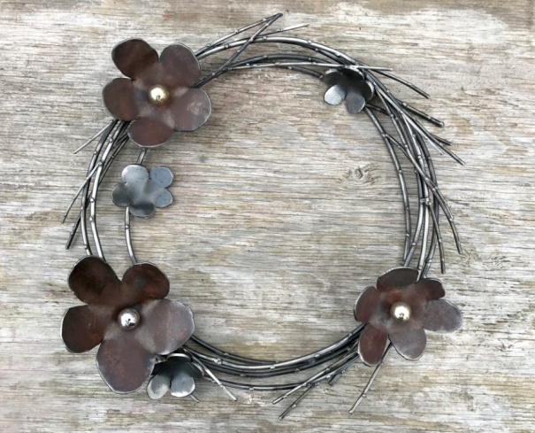 Steel Flowers with Willow Branches. Beads of gold and silver. - 20"W
