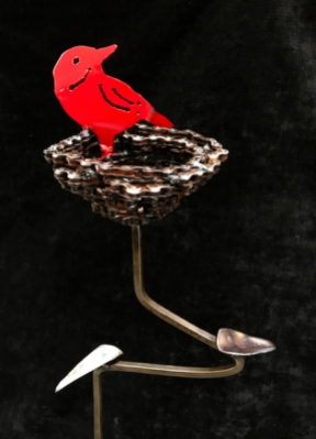 Red Bird in Nest on base- 3'H. Reclaimed chain, steel.